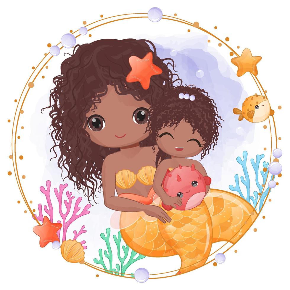 linda sirena mamá y bebé en ilustración acuarela vector