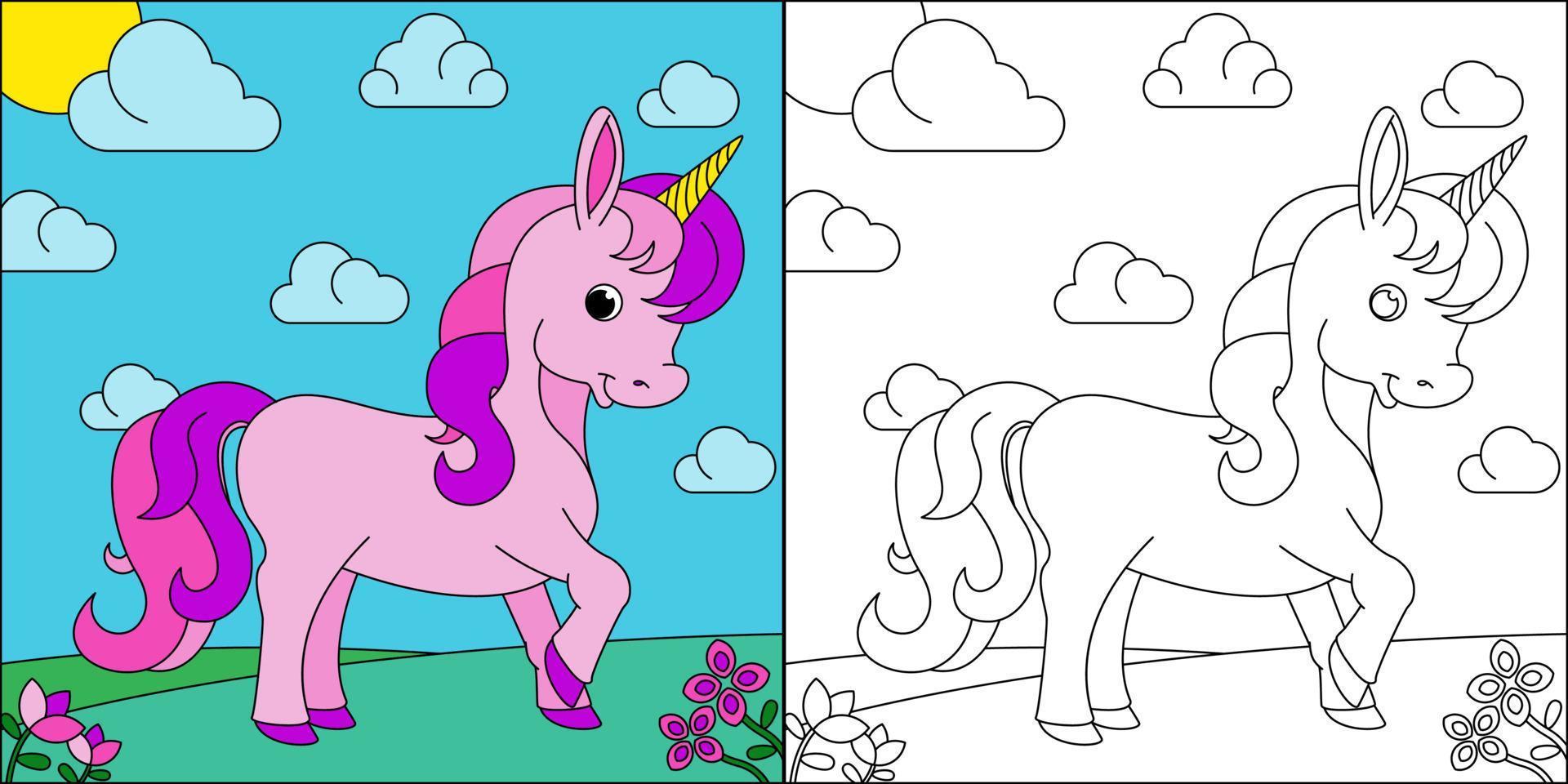 hermoso unicornio adecuado para la ilustración de vector de página para colorear de los niños