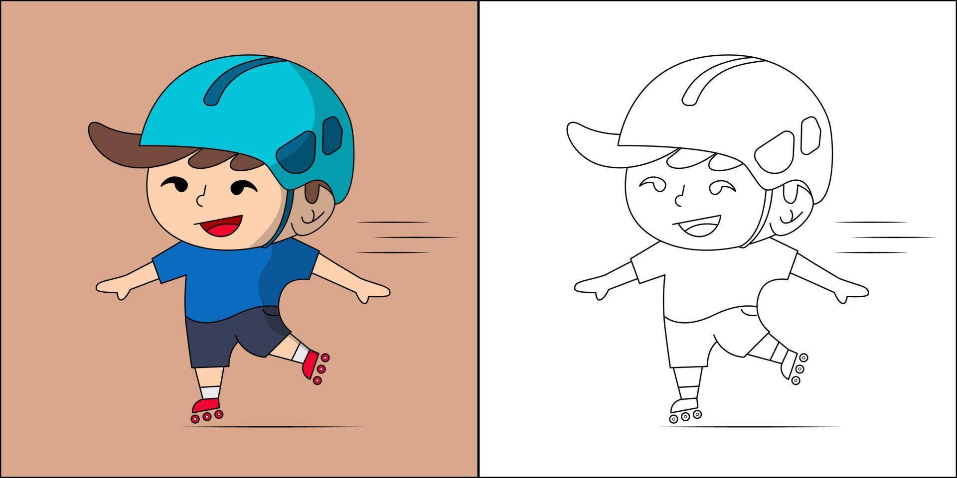 Cute boy playing roller skates suitable for children's coloring page vector illustration