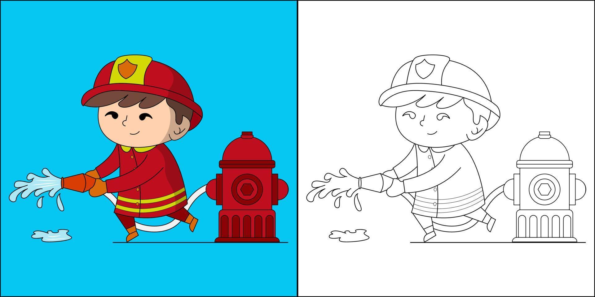 Cute boy firefighter suitable for children's coloring page vector illustration