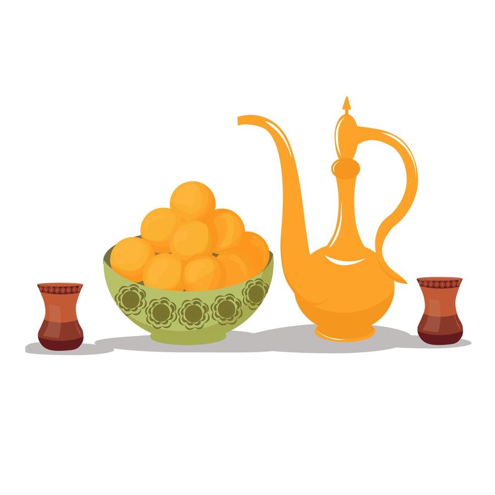 Oriental teapot and sweets Luqaimat vector stock illustration. Arab hospitality. Hot coffee drink. Traditional coffee pot. Isolated on a white background.