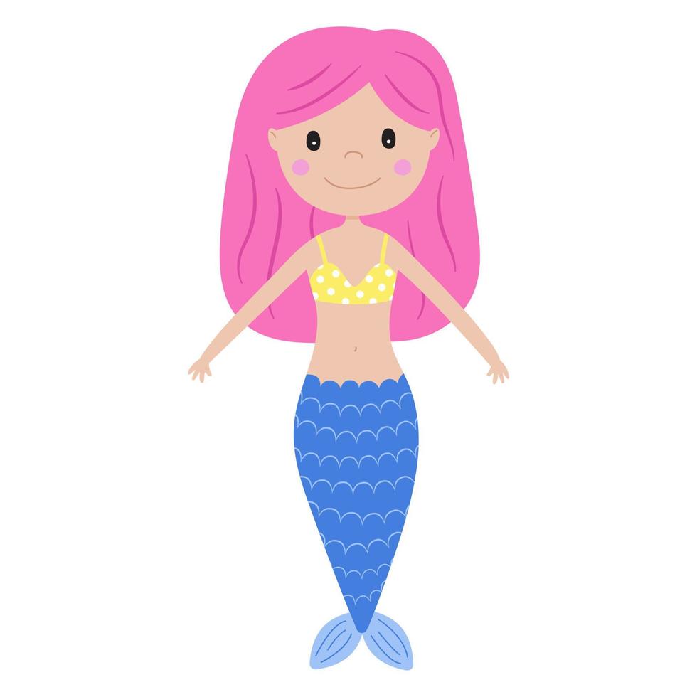 Cute mermaid girl with pink hair and blue fish tail. Vector illustration in funny cartoon style. Print for baby textile, invitation, children books, gift wrap, design and decor. Smiling girl