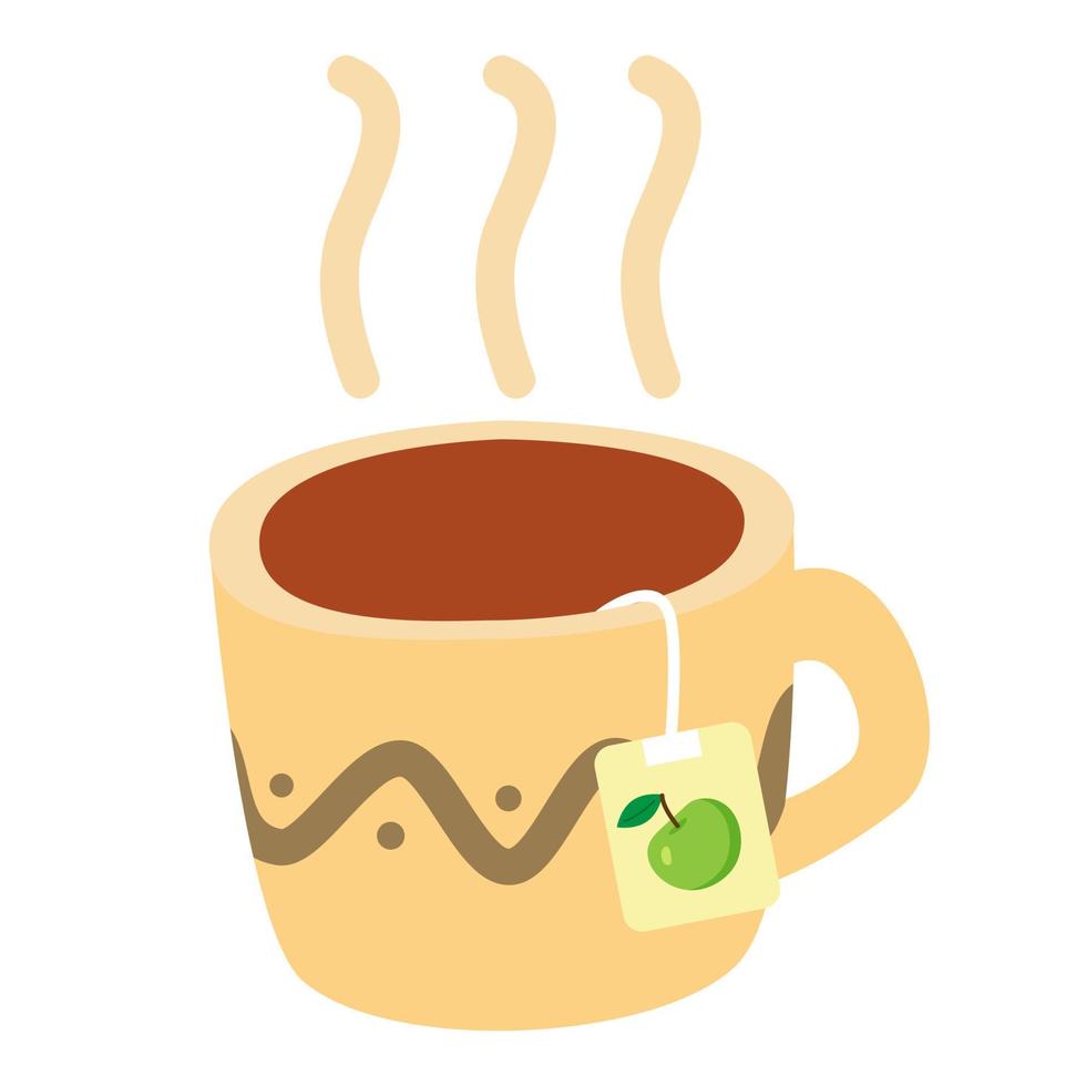 Funny cartoon mug with hot tea, cute vector illustration in flat style. Beige, brown and green colors. Tea bag with apple taste. Autumn hot drink, cozy style print. Cup of herbal tea