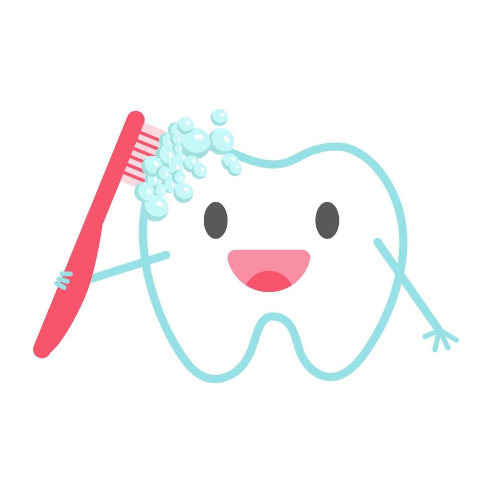 divertidos dibujos animados cepillarse los dientes con un gran cepillo de dientes rojo. feliz sonriente personaje de dientes limpios. ilustración para bebés, niños y niños. imprimir para libro, revista, clínica dental, hospital, escuela vector