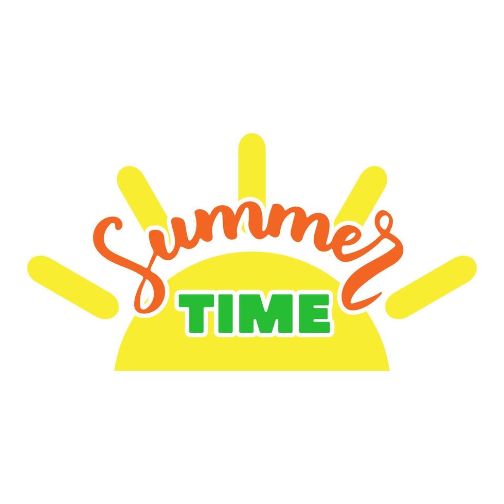 Summer time, hand drawn brush lettering composition. Lettering and calligraphy for poster, background, postcard, banner, window. Typographic design label with colorful text and yellow doodle sun vector