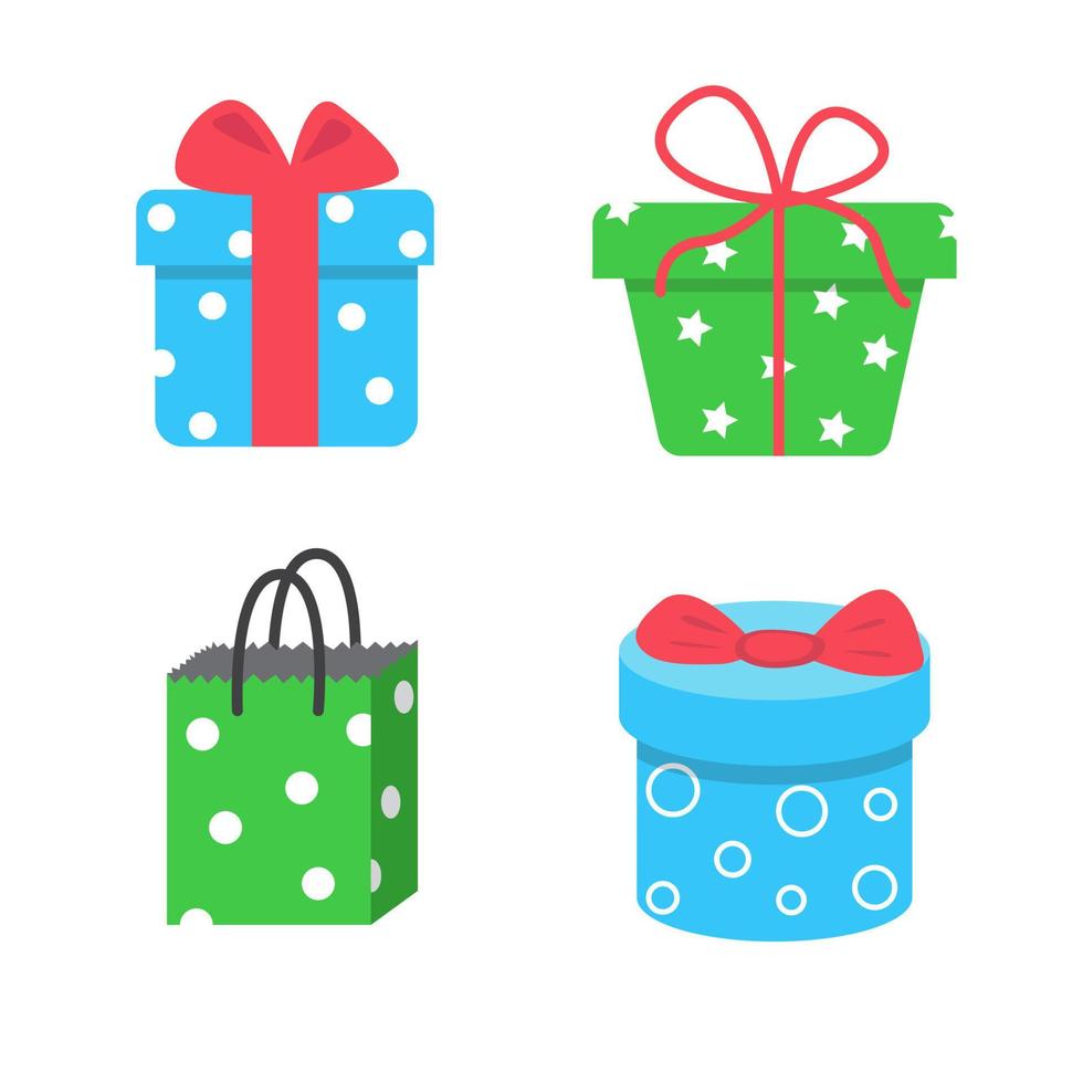 conjunto de diferentes cajas y bolsas de regalo, ilustración vectorial en estilo plano de dibujos animados. envuelto de colores. venta, vacaciones, concepto de compras. colores azul, verde y rojo. diseño colorido aislado en blanco vector