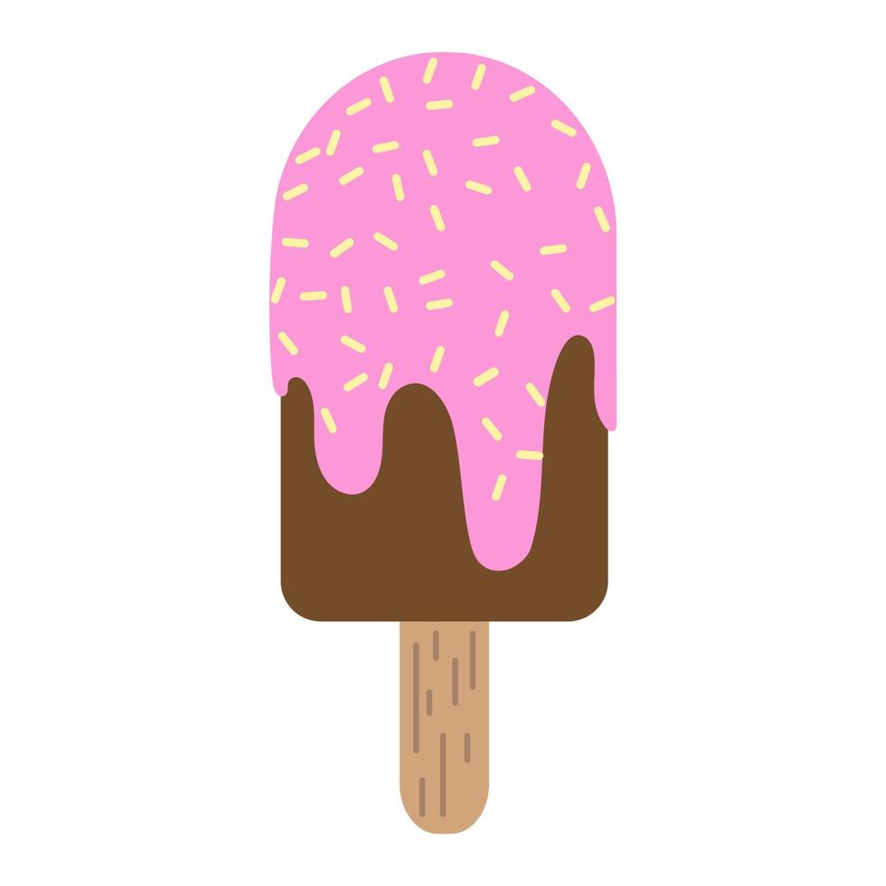 Pink and brown ice cream, vector illustration in flat style. Chocolate ice cream on stick. Summer dessert. Positive print for textile, web, cards, design and decor. Fruit or berry ice cream bar