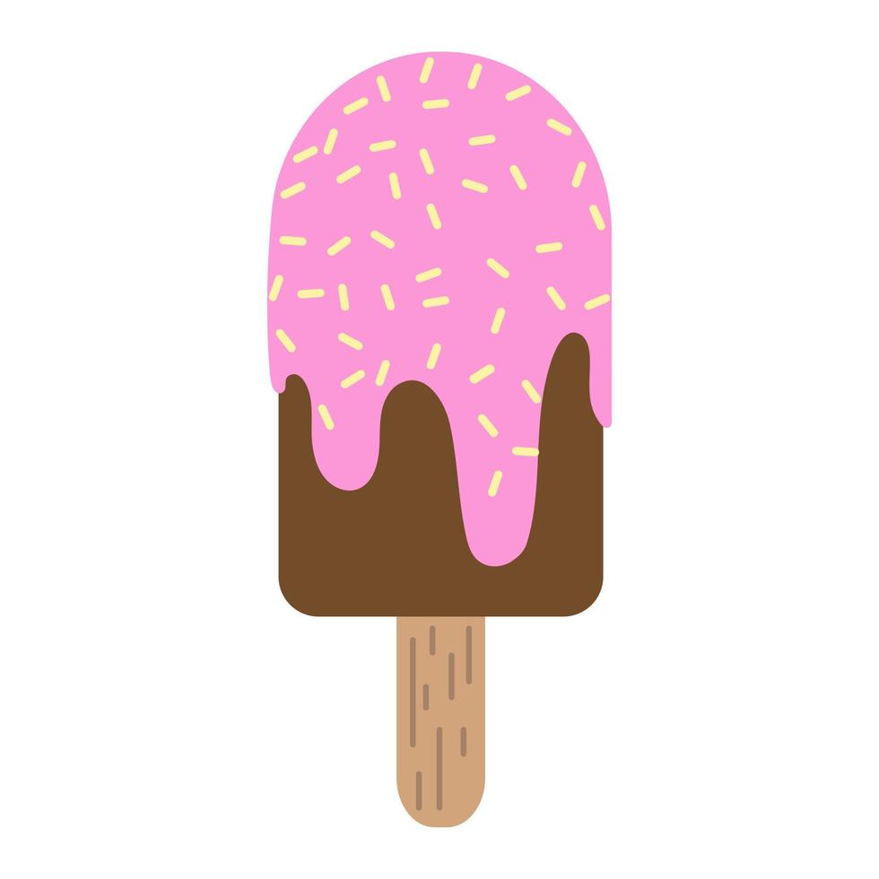 helado rosa y marrón, ilustración vectorial en estilo plano. helado de chocolate en palo. postre de verano. impresión positiva para textiles, web, tarjetas, diseño y decoración. barra de helado de frutas o bayas vector