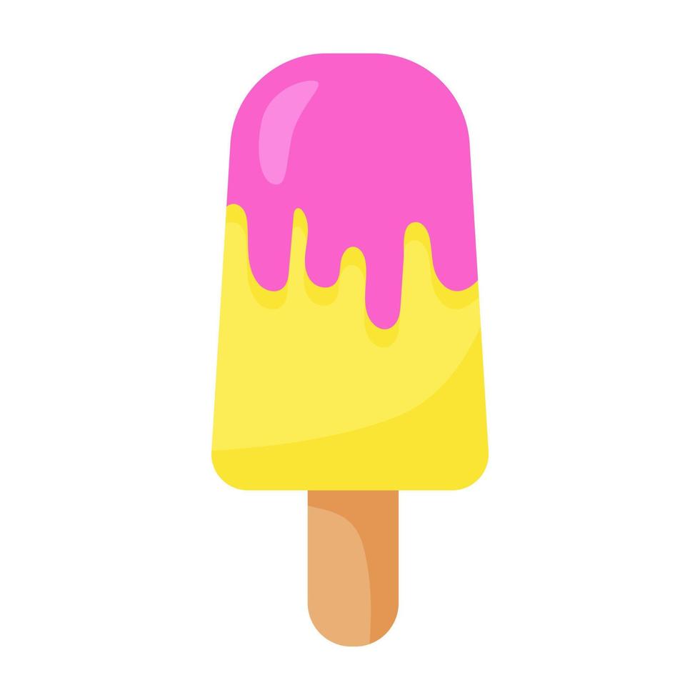 helado rosa y amarillo, ilustración vectorial en estilo plano. helado de refresco en palo. postre de verano. impresión positiva para textiles, web, tarjetas, diseño y decoración. barra de helado de frutas o bayas vector