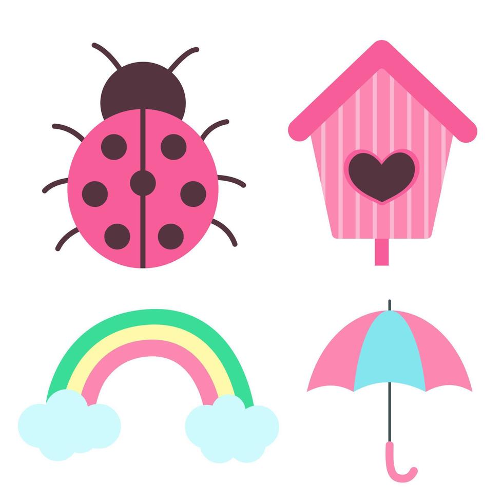 Set of spring elements. Ladybug, rainbow with clouds, umbrella and birdhouse. Print for sticker pack, clothes, textile, seasonal design and decor. Illustration in pastel colors vector