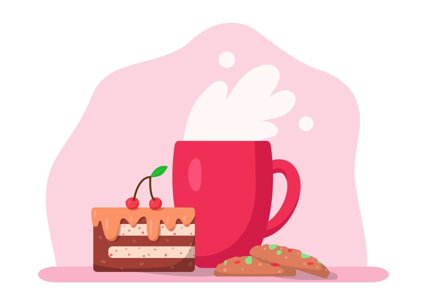 Cup with drink, cookies and piece of cake, vector illustration in cartoon flat style. Coffee, cocoa or tea cup. Cherry and strawberry. Tasty breakfast or coffee break. Print for cards, sticker