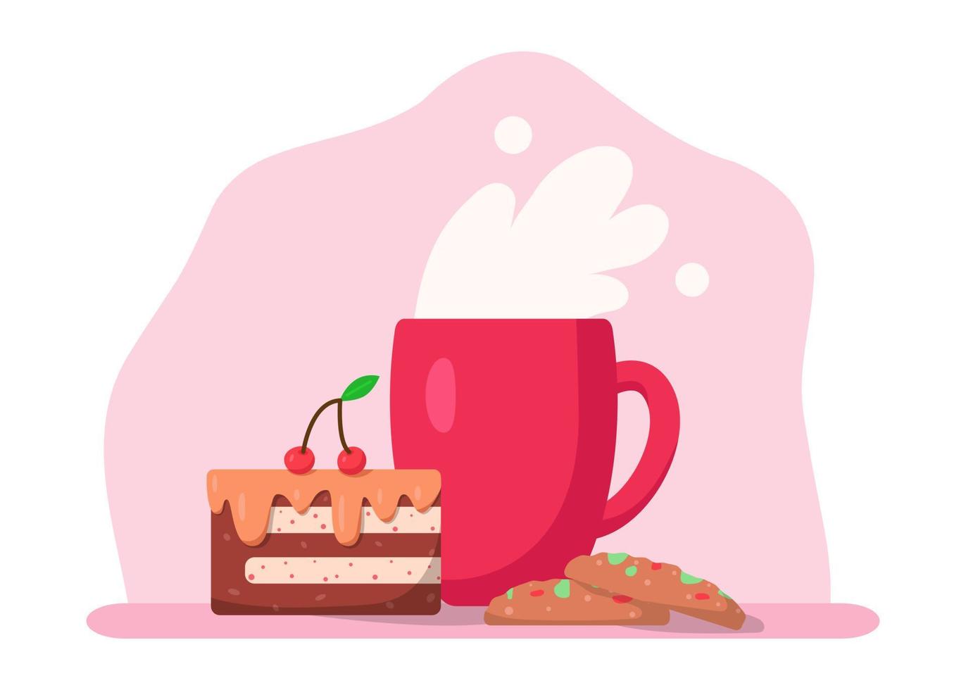 taza con bebida, galletas y trozo de pastel, ilustración vectorial en estilo plano de dibujos animados. taza de café, cacao o té. cereza y fresa. sabroso desayuno o pausa para el café. imprimir para tarjetas, pegatina vector