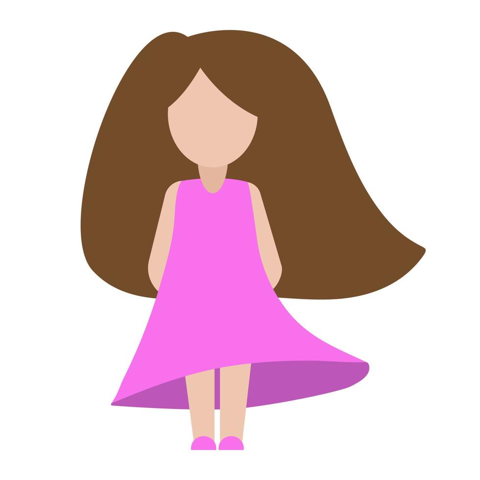 Simple geometric girl, doll illustration without face. Simple illustration in cartoon flat style. Girl in pink dress and shoes. Print for design and decor vector