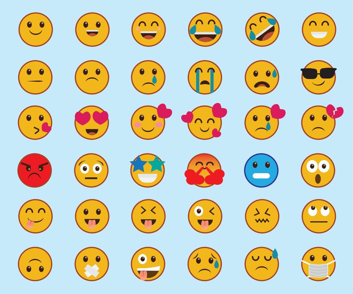 conjunto de 36 emoticonos de dibujos animados. iconos de emojis emoticonos de redes sociales caras amarillas que expresan emoción. ilustración vectorial vector