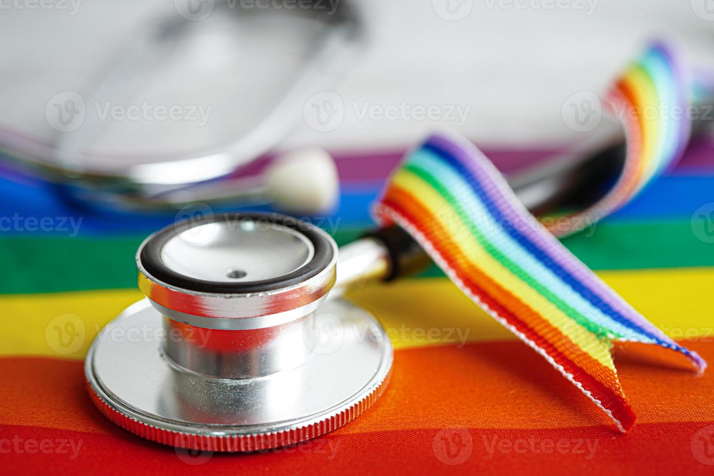 LGBT symbol, Stethoscope with rainbow ribbon, rights and gender equality, LGBT Pride Month in June. photo