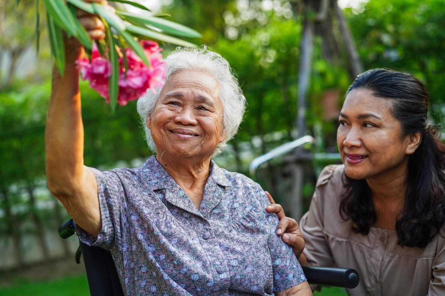 Caregiver help Asian elderly woman disability patient sitting on wheelchair in park, medical concept. photo