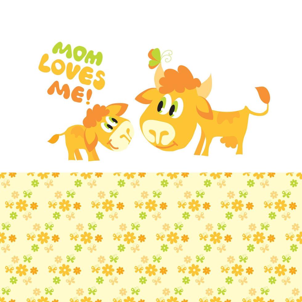 amor de mamá y bebé. linda vaca y ternero con estampado de flores. vector