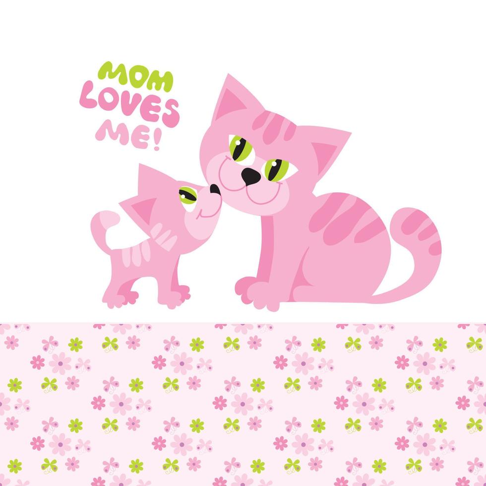 amor de mamá y bebé. lindo gato y gatito con estampado de flores vector