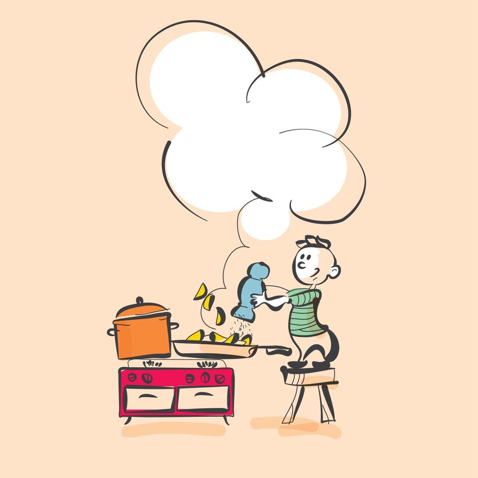 kid cooking kitchen vector illustration in vintage style