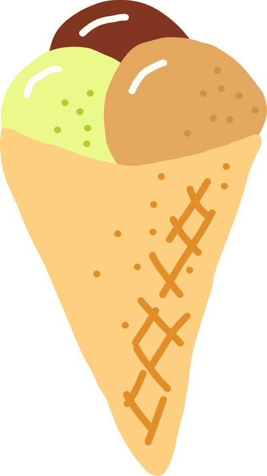 helado en un cono de galleta. garabato dibujado a mano. , dibujos animados. icono, tarjeta, afiche, pegatina. comida dulce refrescante brillante verano vector