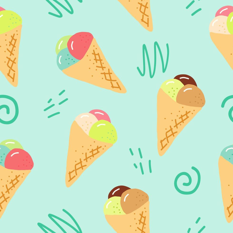 ice cream in waffle cone seamless pattern. hand drawn doodle. , cartoon. wallpaper, textiles, fabric, wrapping paper. food, sweet refreshing bright summer vector