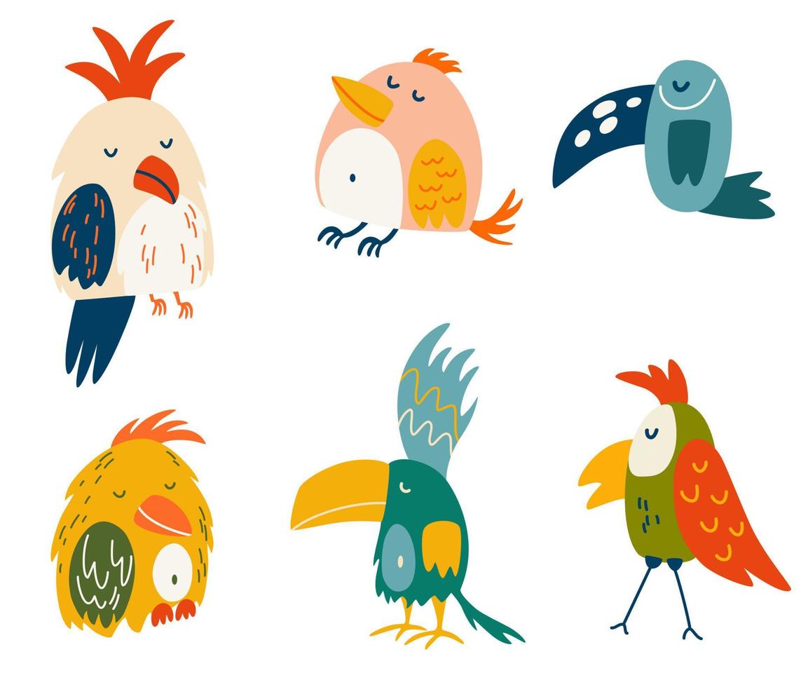 Parrots set. Cartoon cute various parrots. Exotic birds. Great for children cards, prints and greeting card. Isolated vector clip art illustration.