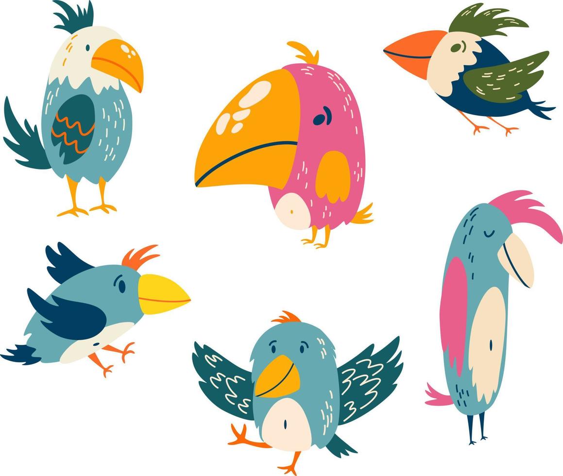 Parrots set. Exotic birds. Great for children cards, prints and greeting card. Isolated vector clip art illustration.