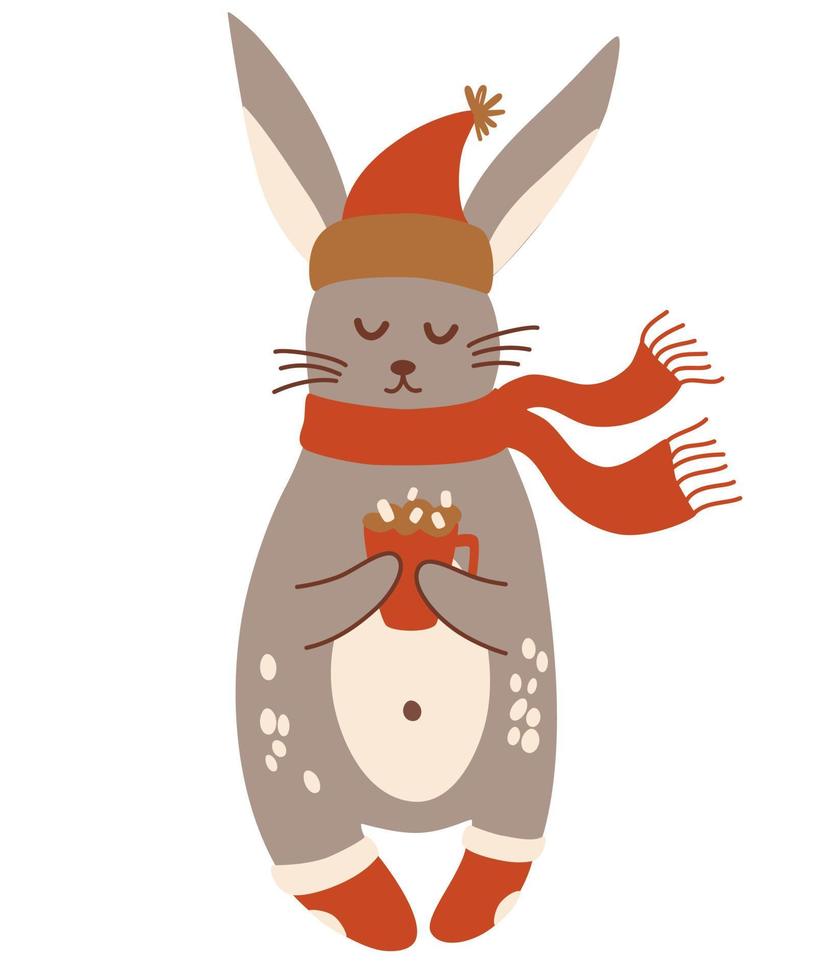 conejo de invierno lindo conejito en un sombrero con bufanda, calcetines y una bebida caliente. perfecta para imprimir postales, láminas y carteles infantiles. ilustración de dibujos animados de vectores