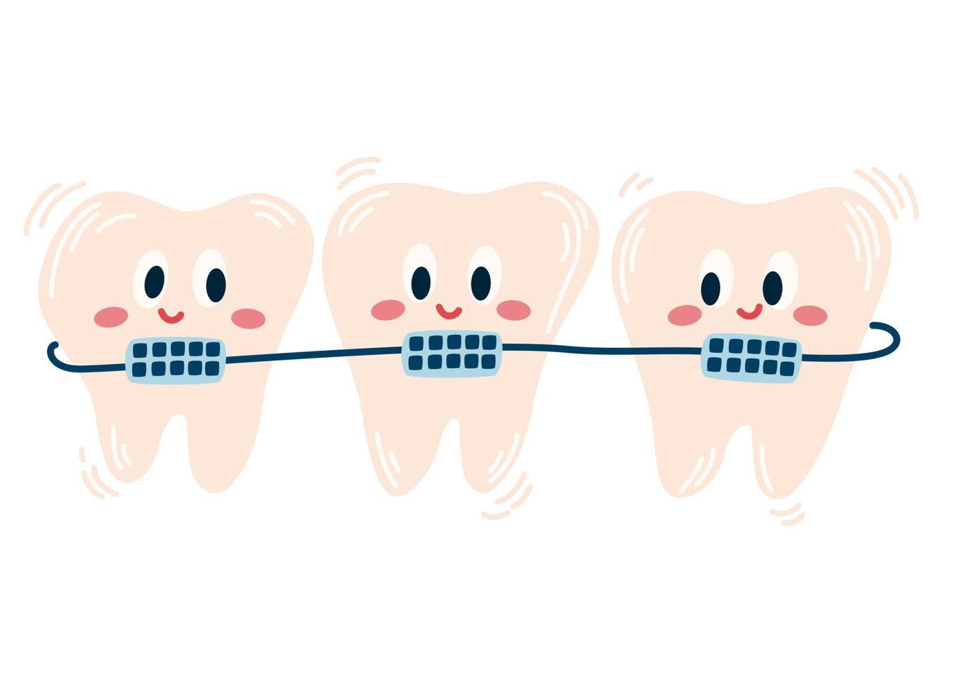 dientes con frenos. lindos dientes de dibujos animados con aparatos ortopédicos. cuidado dental. perfecto para imprimir libros de texto y odontología pediátrica. ilustración vectorial dibujada a mano aislada en el fondo blanco. vector