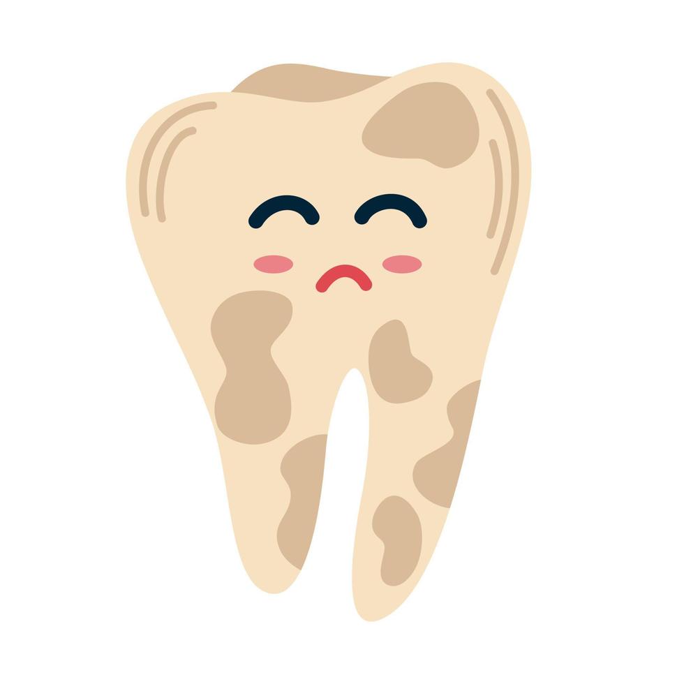 Tooth with caries. Sad cartoon tooth with a disease and a hole. Dental care. For children instructions on brushing teeth, printing and booklets. Vector Hand draw illustration
