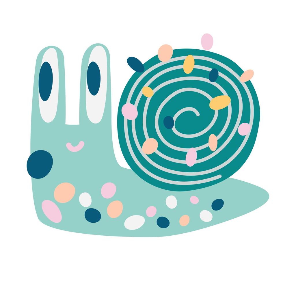 Snail. Cute space monster for kids and toys. Funny bright character in a hand-drawn cartoon doodle style. Ideal for packaging games, puzzles, mazes. Vector cartoon illustrations