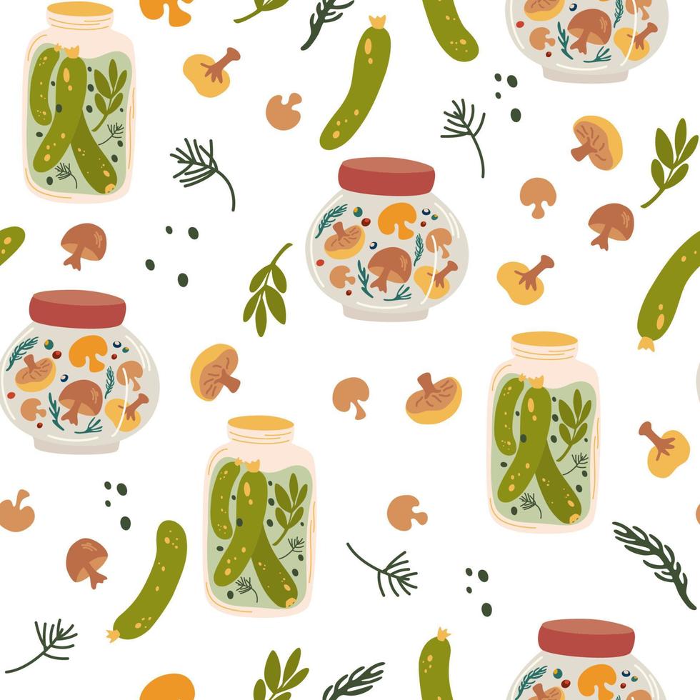 preservando el patrón sin fisuras. pepinos en escabeche y champiñones. alimentos enlatados, en conserva y en tarro. verduras fermentadas. conservar el concepto. ilustración vectorial de dibujos animados dibujados a mano vector