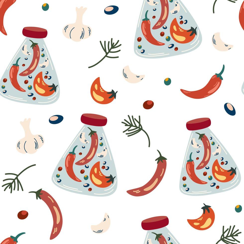 Preserving seamless pattern. Pickled peppers. Canned, Preserve and Jar Food. Fermented veggies. Hot peppers garlic and herbs. Conserve Concept. Hand Drawn Cartoon Vector illustration