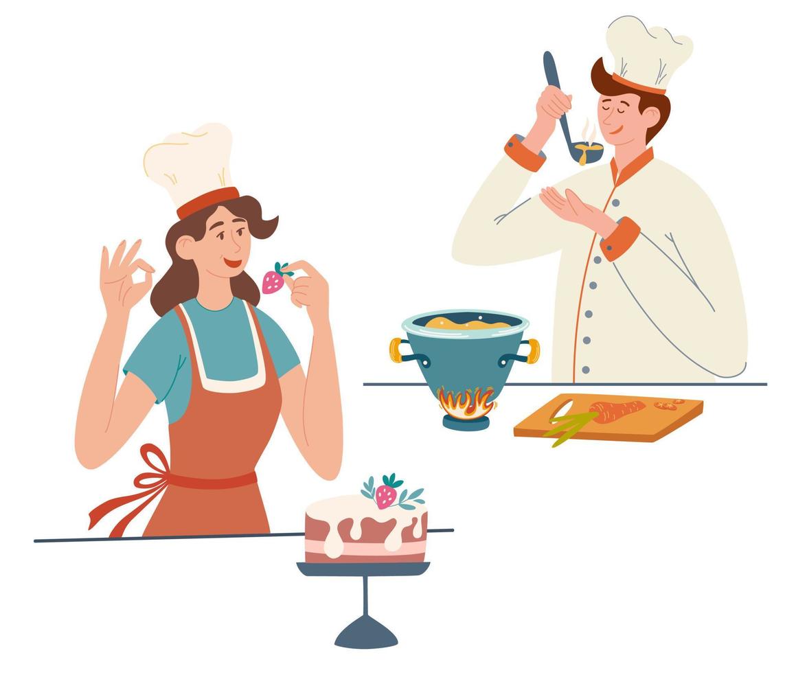 Cooks. People cook on the kitchen table. Young girl and a guy cook. Pastry chef, cook, cooking concept, for restaurants menus and applications. Cartoon character flat vector illustration