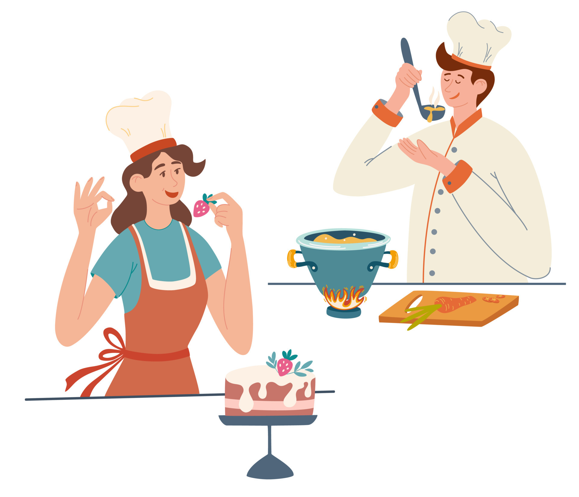 Cooks. People cook on the kitchen table. Young girl and a guy cook. Pastry  chef, cook, cooking concept, for restaurants menus and applications. Cartoon  character flat vector illustration 7336011 Vector Art at