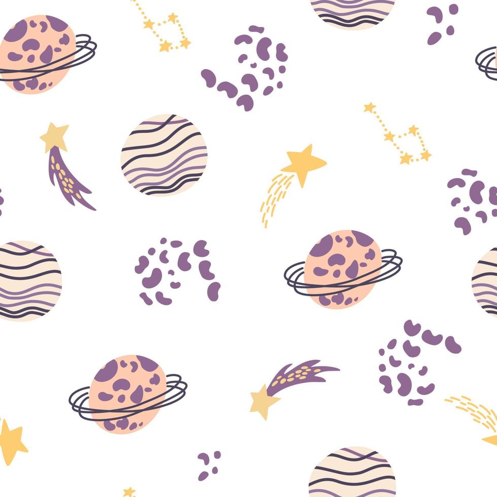 Space seamless pattern. Cosmic. Background with cartoon planets and stars. Perfect for children's designs, wallpaper, textile and print. Vector Hand draw illustration