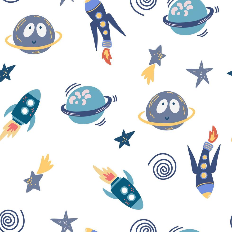 Space seamless pattern. Background with cartoon space rockets, planets, stars. Cosmic. Perfect for children's designs, wallpaper, textile and print. Vector Hand draw illustration