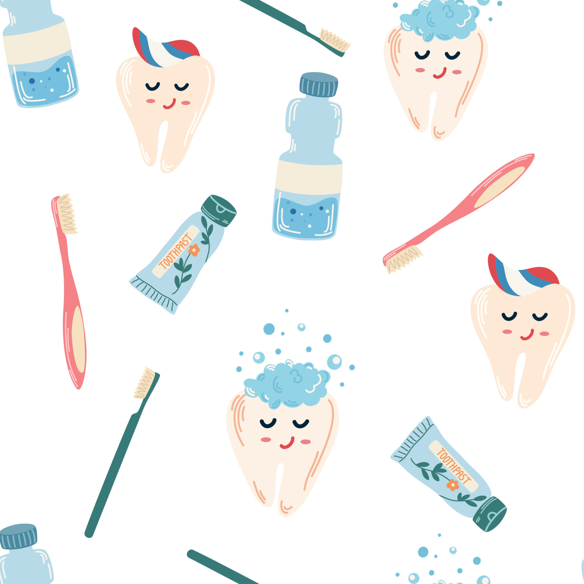 Dental care seamless pattern. Tooth, dental floss, toothpaste, toothbrush,  cartoon characters. Treatment and oral hygiene. Textile, wallpaper, prints.  Vector flat illustration 7336024 Vector Art at Vecteezy