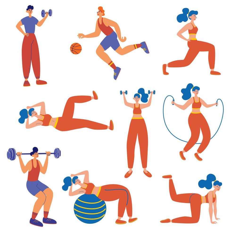 People athlete set. Fitness classes for men and women. Set of male and female trainers doing different sport exercises. Healthy lifestyle. Flat vector illustration