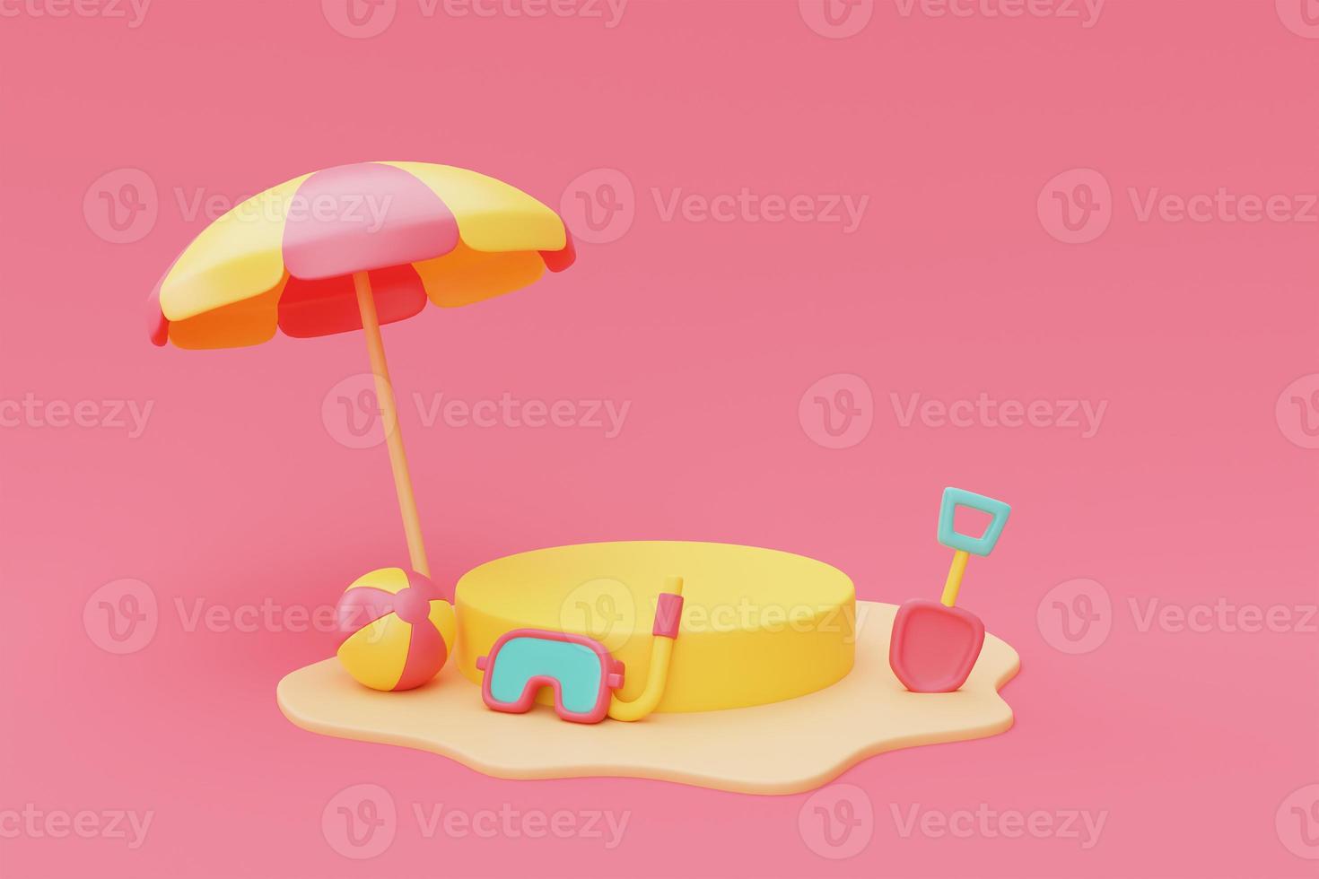 3d rendering of summer vacation concept with beach umbrella and summer elements,minimal style.3d render. photo