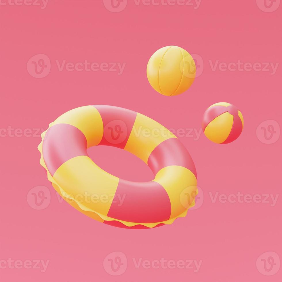 Representación 3d de anillo de natación inflable aislado sobre fondo rosa, concepto de vacaciones de verano, elementos de verano, estilo minimalista.3d renderizado. foto