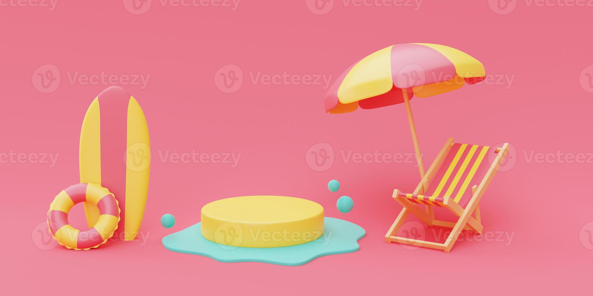 3d rendering of summer vacation concept with beach chair and umbrella,summer elements,minimal style.3d render. photo
