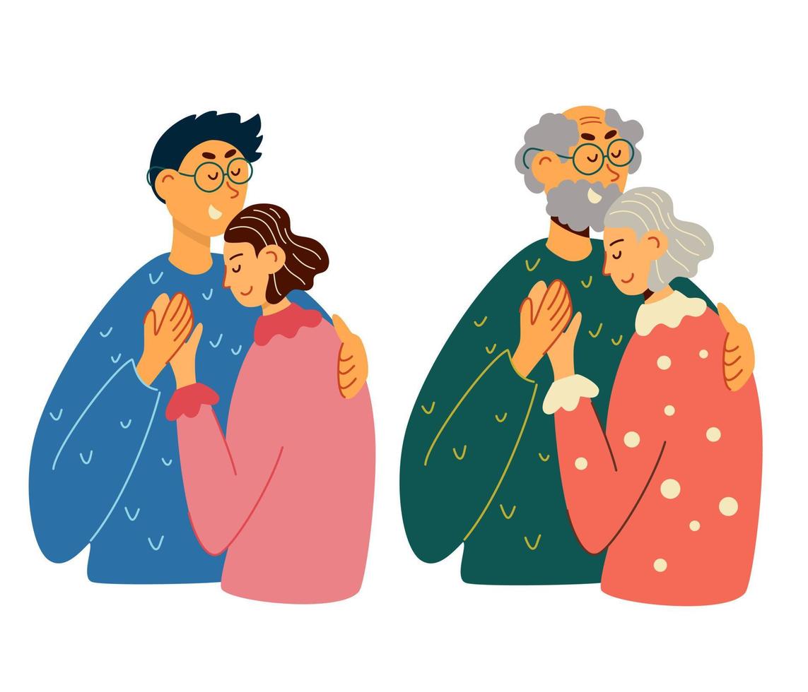 Two couples in love. Happy young lovers couple hugging. Elderly people. Couple in a relationship in love. Boyfriend hugs his girlfriend. Happy Hug day. Relationships, family, love. Vector illustration