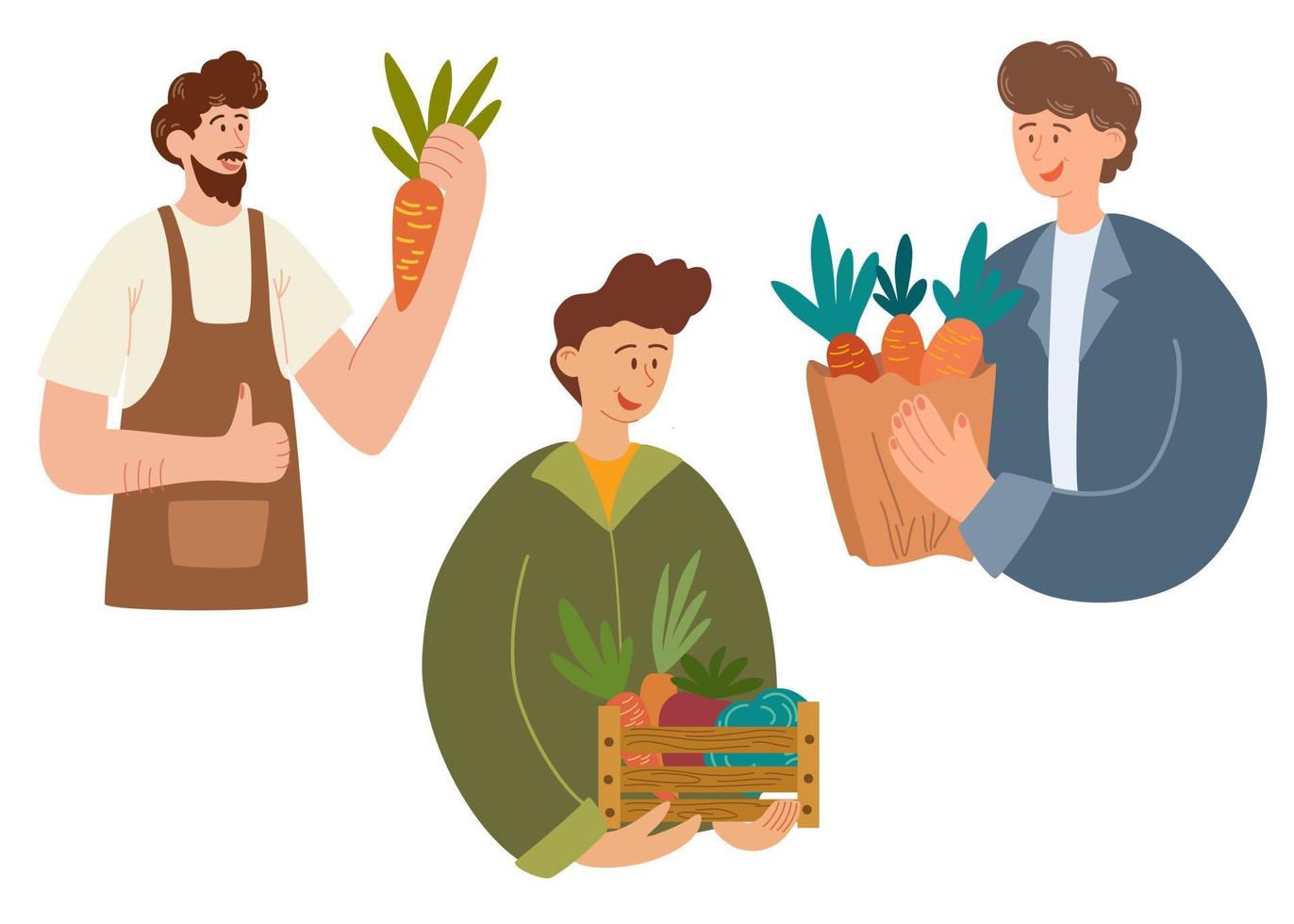 agricultores. mans con cosecha de granja orgánica. sosteniendo verduras frescas. trabajadores agrícolas sonrientes con retrato de zanahoria. ilustración vectorial plana vector