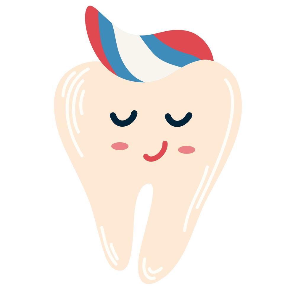 Tooth with paste. Clean happy cartoon tooth. Dental care. For children instructions on brushing teeth, printing and booklets. Vector Hand draw illustration isolated on the white background.