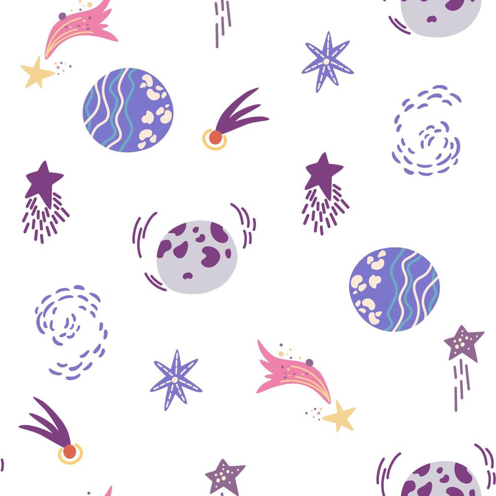 espacio de patrones sin fisuras. cósmico. fondo con estrellas y planetas de dibujos animados. perfecto para diseños infantiles, papel tapiz, textil e impresión. ilustración vectorial dibujada a mano vector