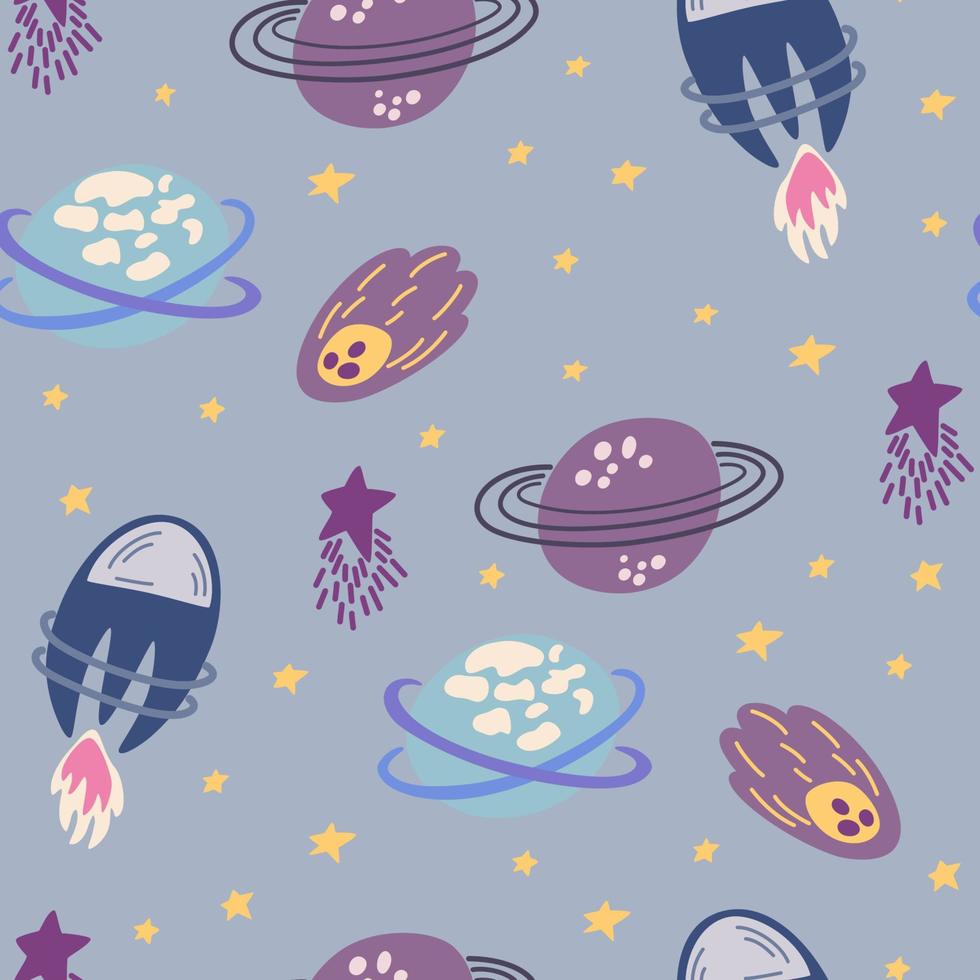 Space seamless pattern. Cosmic. Background with cartoon planets and stars. Perfect for children's designs, wallpaper, textile and print. Vector Hand draw illustration