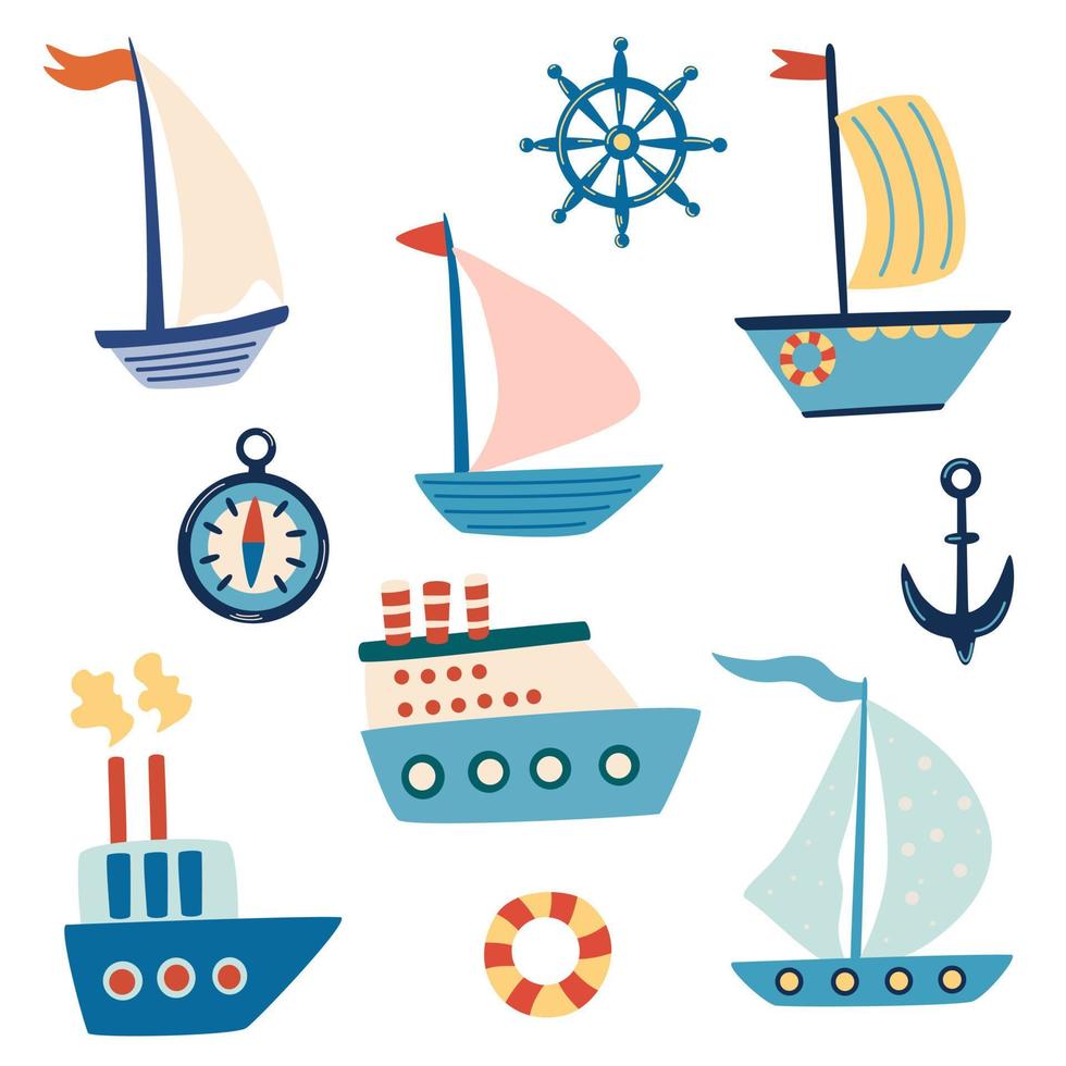 Ships, sailboat, yachts set. Sea transport. Anchor, lifebuoy and compass. Cartoon marine icons set for cards, kids t-shirt prints. Childish collection. Vector illustration.