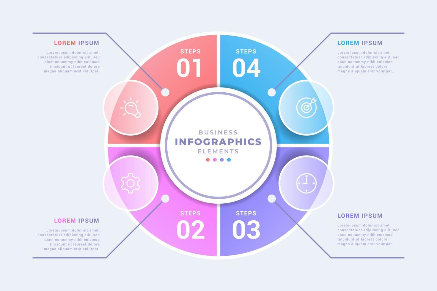 plantilla de infografía de diagrama circular de concepto de visualización de negocios moderno con cuatro pasos u opción. estilo de morfismo de vidrio. diseño de concepto creativo vector