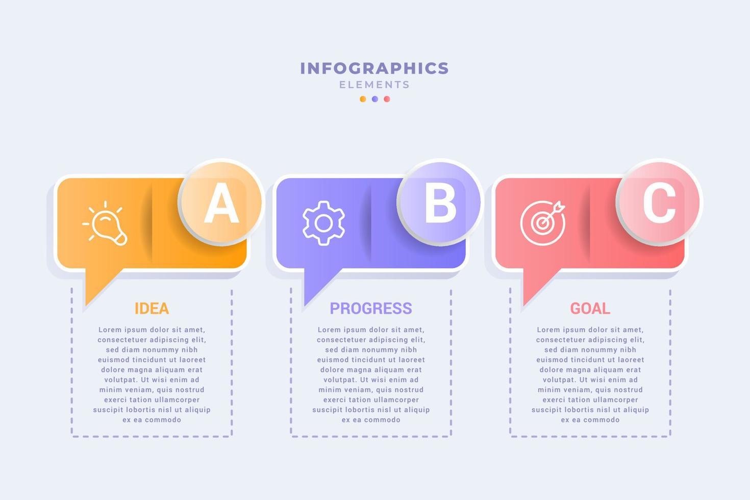 Three steps concepts message diagram business infographic template. glassmorphism style. creative design vector